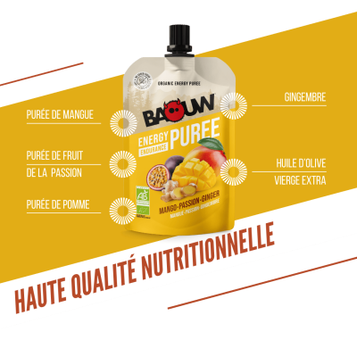 Baouw - purées Et Compotes  Énergétiques Mangue - Passion - Gingembre